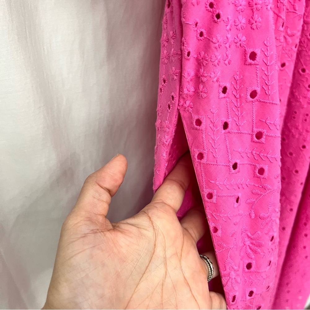 Bohemian Pink Eyelet Midi Summer Party Dress Vacation Resort Cottagecore - Picture 10 of 14